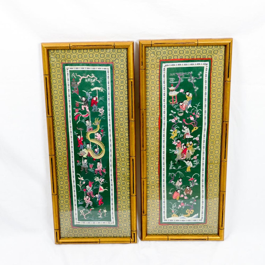 Pair of Framed Silk Chinese Embroideries