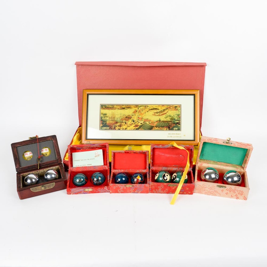 Framed Chinese Print and Sets of Baoding Balls