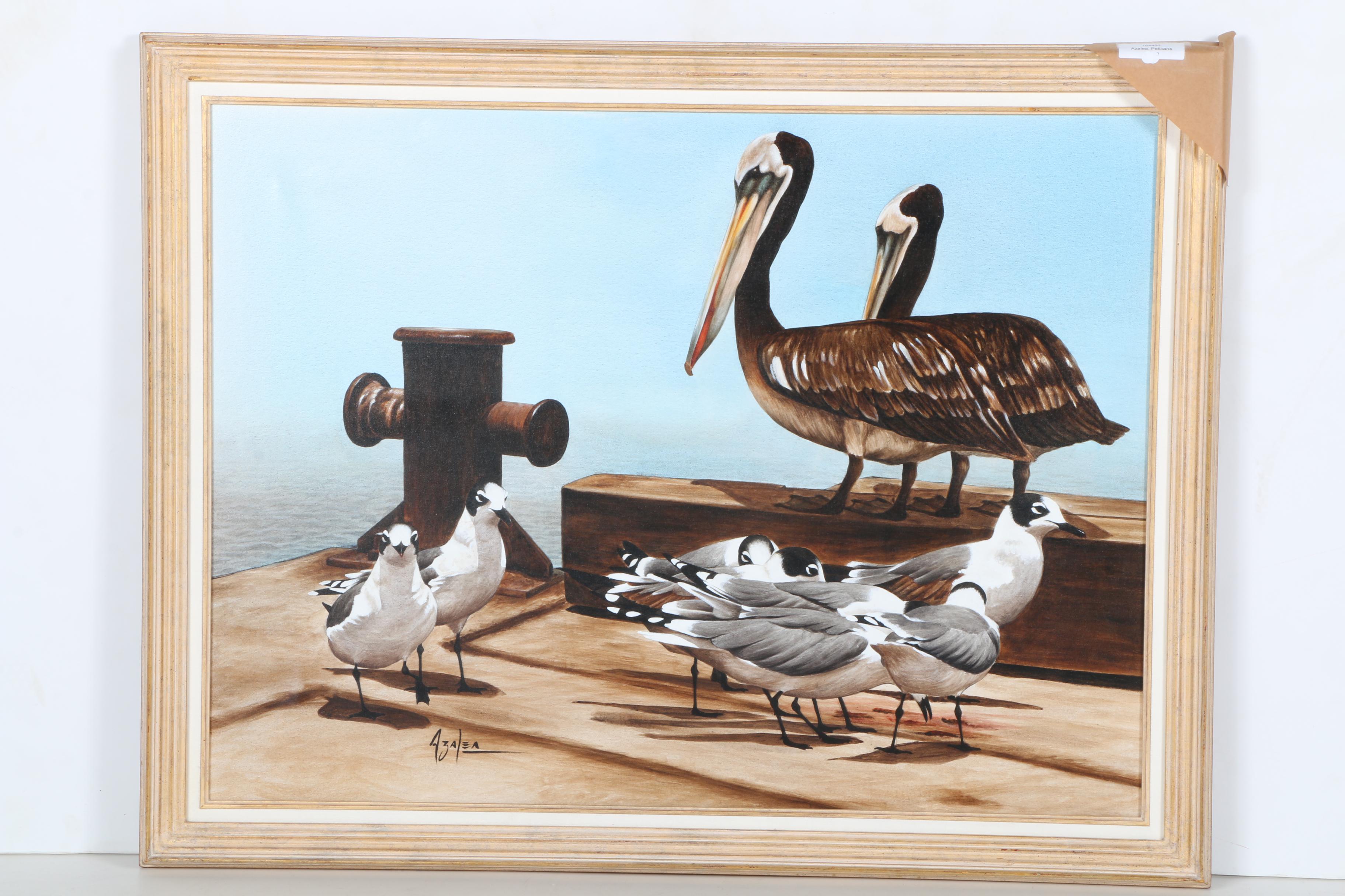 Azalea Signed Oil Painting on Canvas "Birds on a Deck"