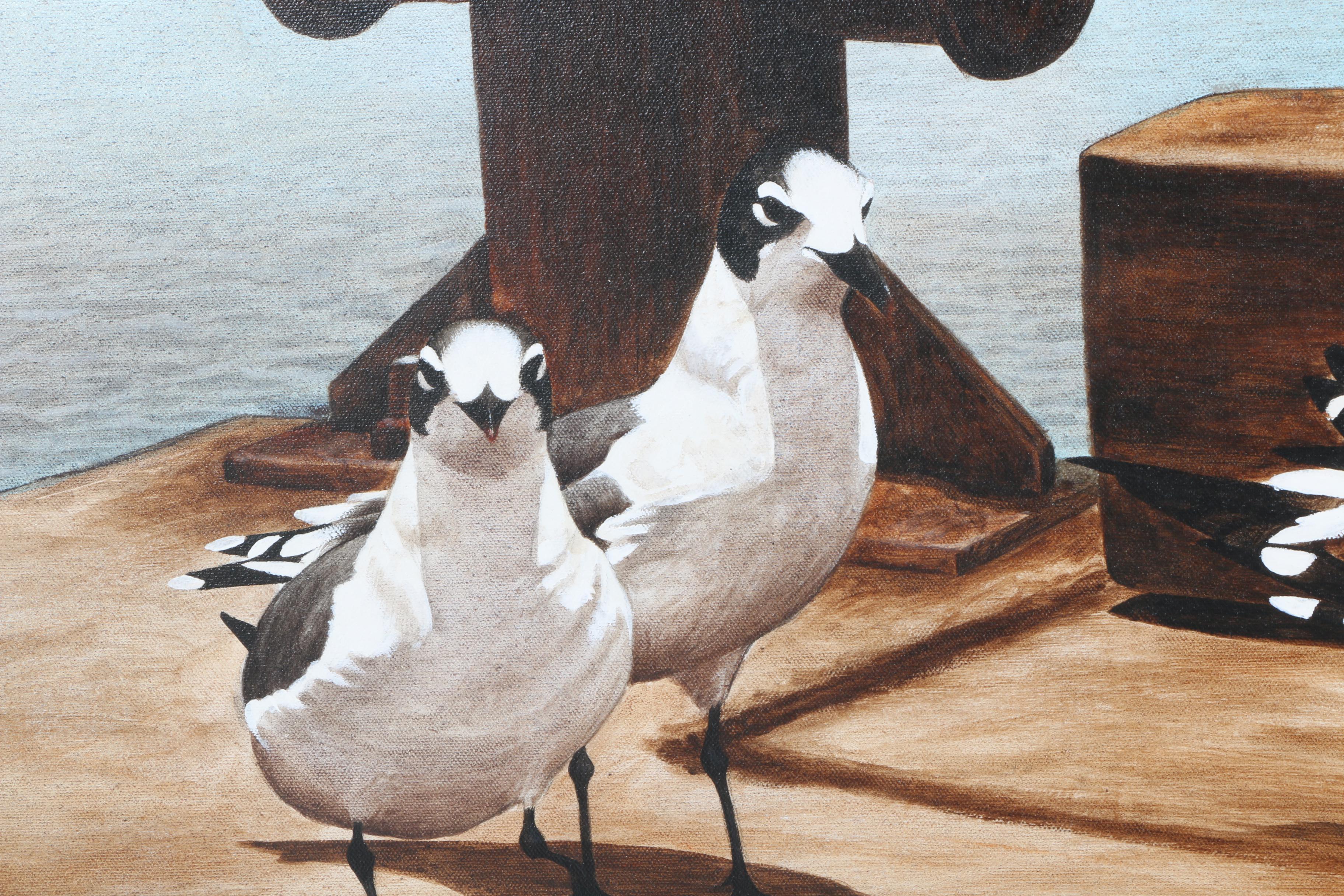 Azalea Signed Oil Painting on Canvas "Birds on a Deck"