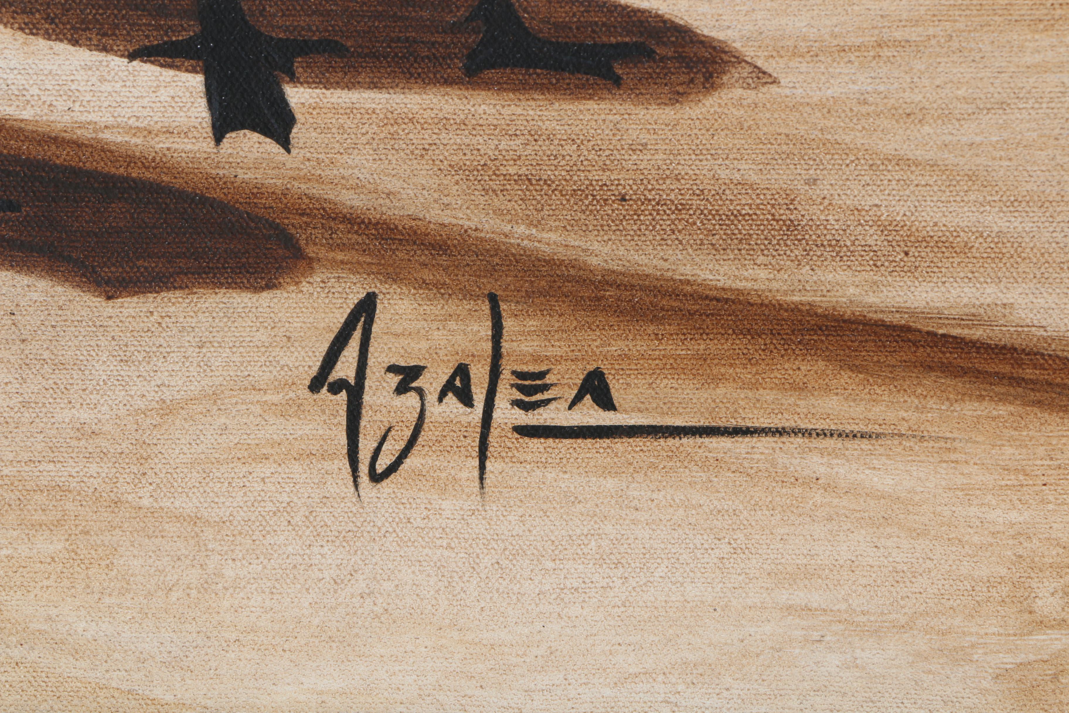 Azalea Signed Oil Painting on Canvas "Birds on a Deck"