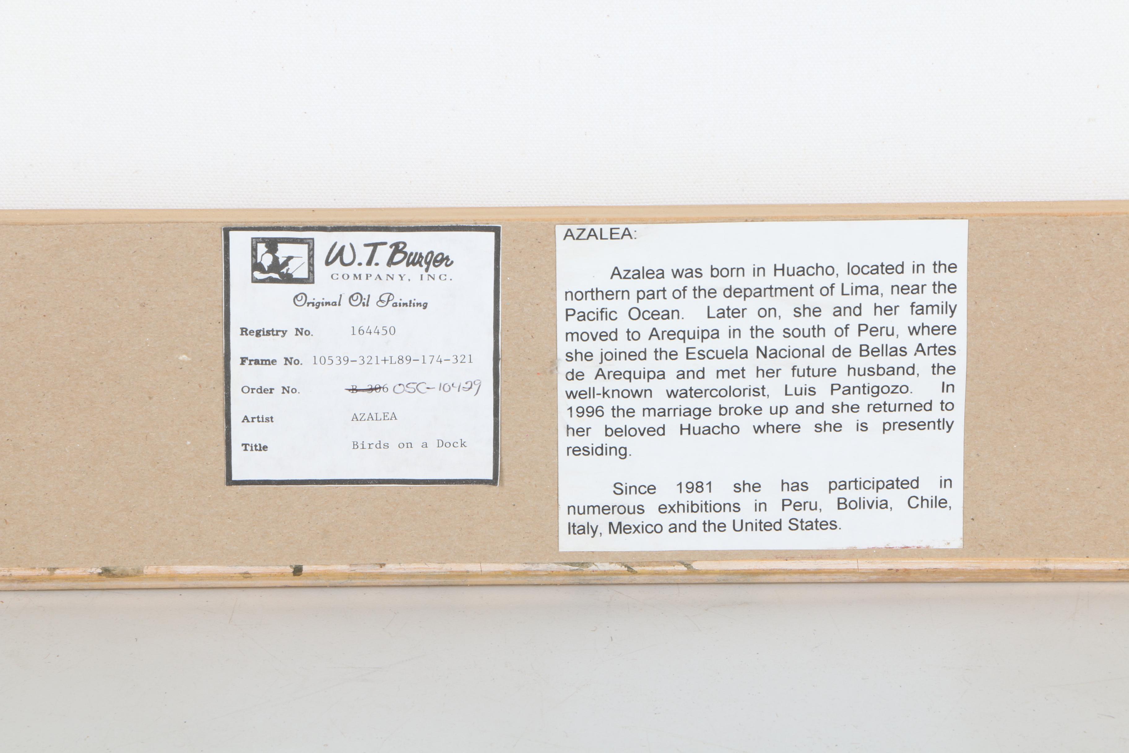 Azalea Signed Oil Painting on Canvas "Birds on a Deck"