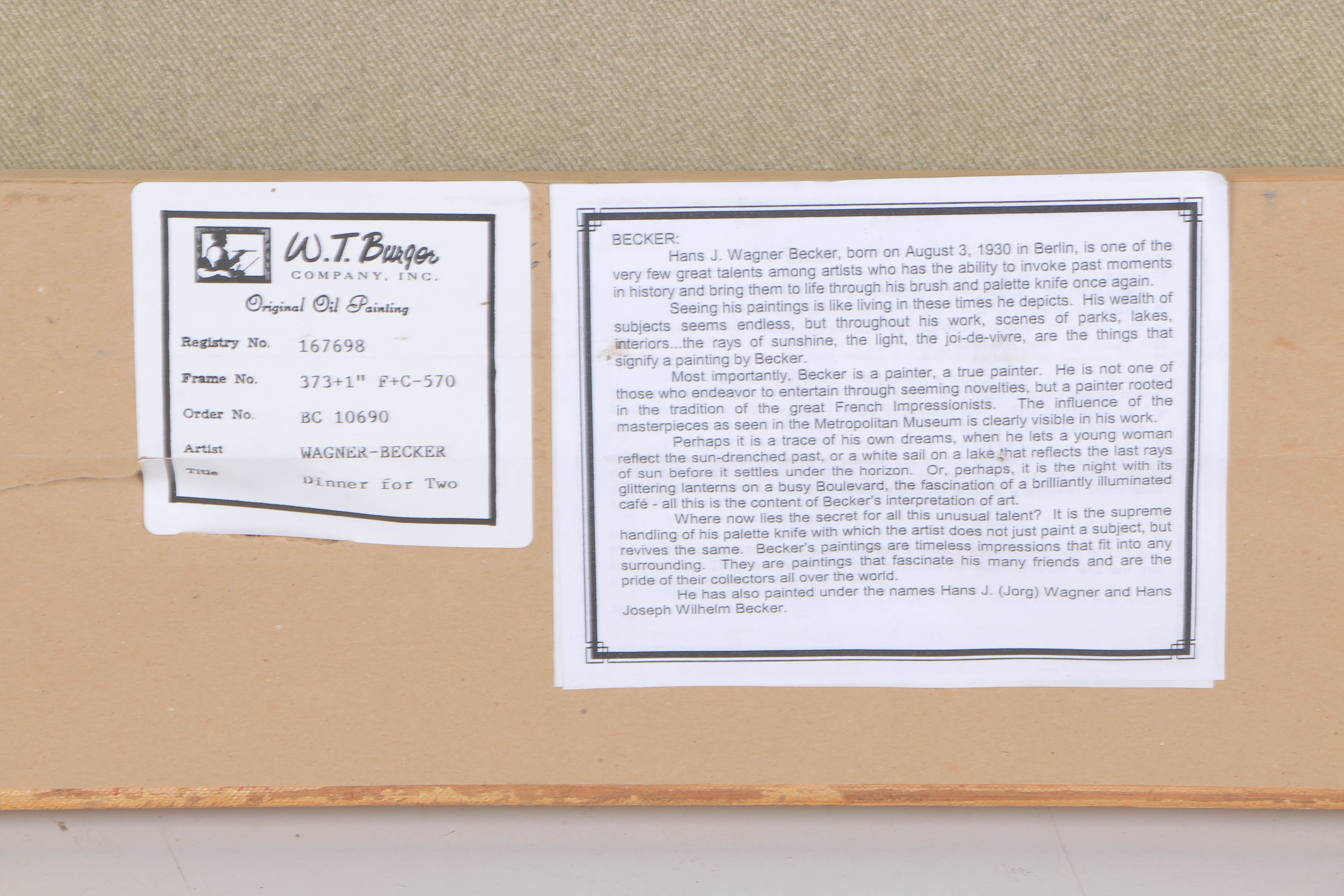 Hans J Wagner Becker Oil on Canvas "Dinner for Two"