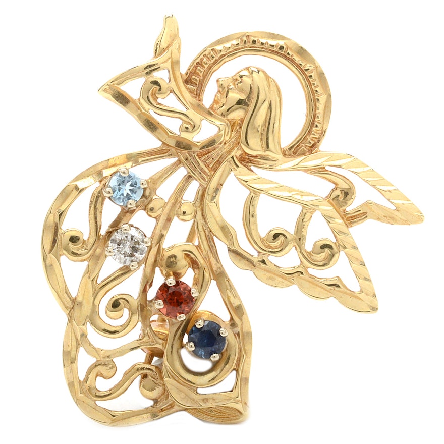 14K Yellow Gold Diamond, Aquamarine, Garnet, and Sapphire Pin