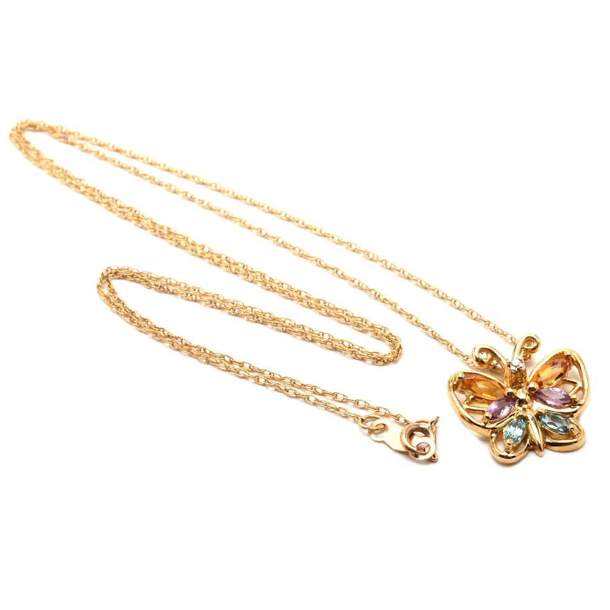 10K Yellow Gold Diamond, Citrine, Amethyst, Blue Topaz Butterfly Necklace