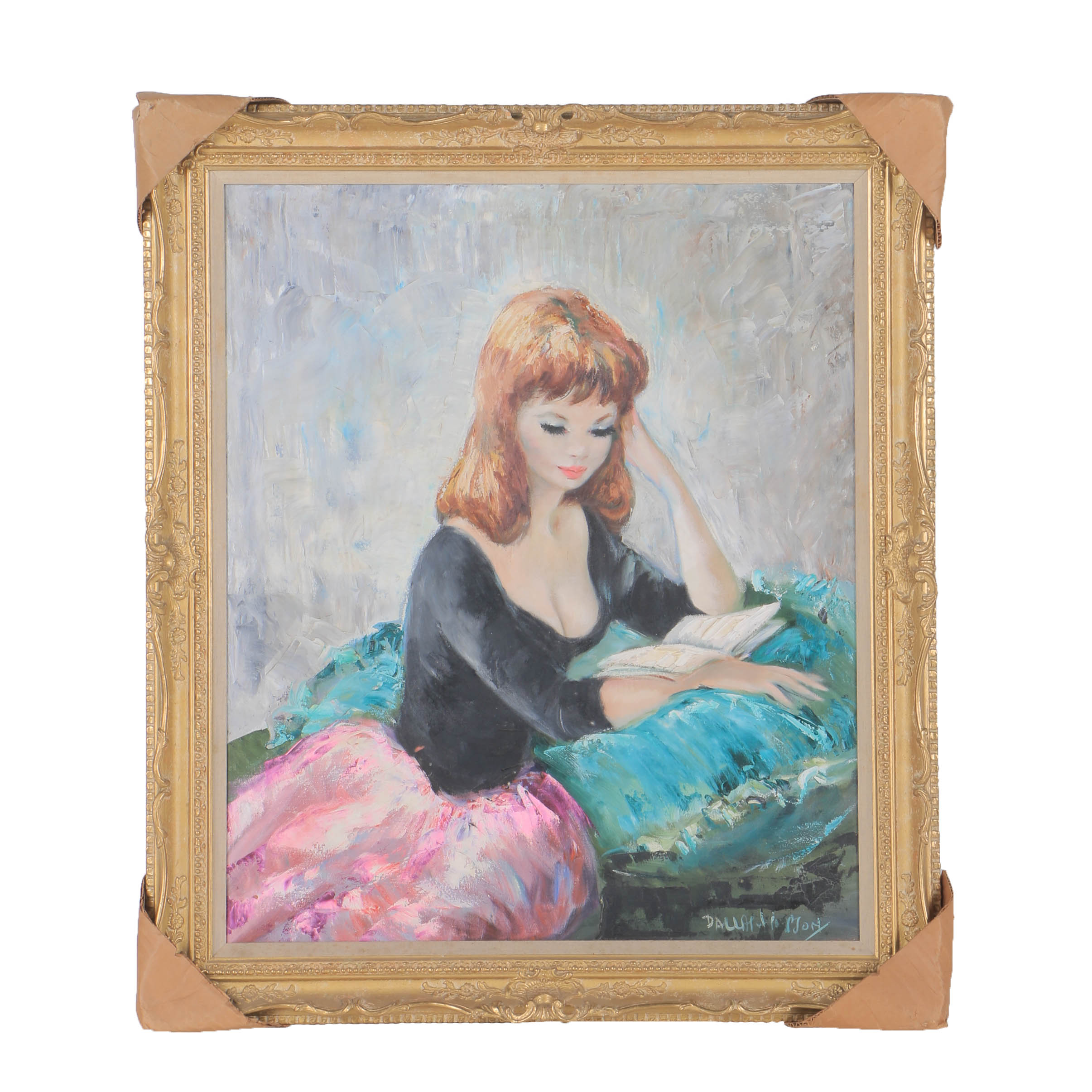Dallas Simpson Oil Painting on Canvas "Girl On A Green Silk Cushion"