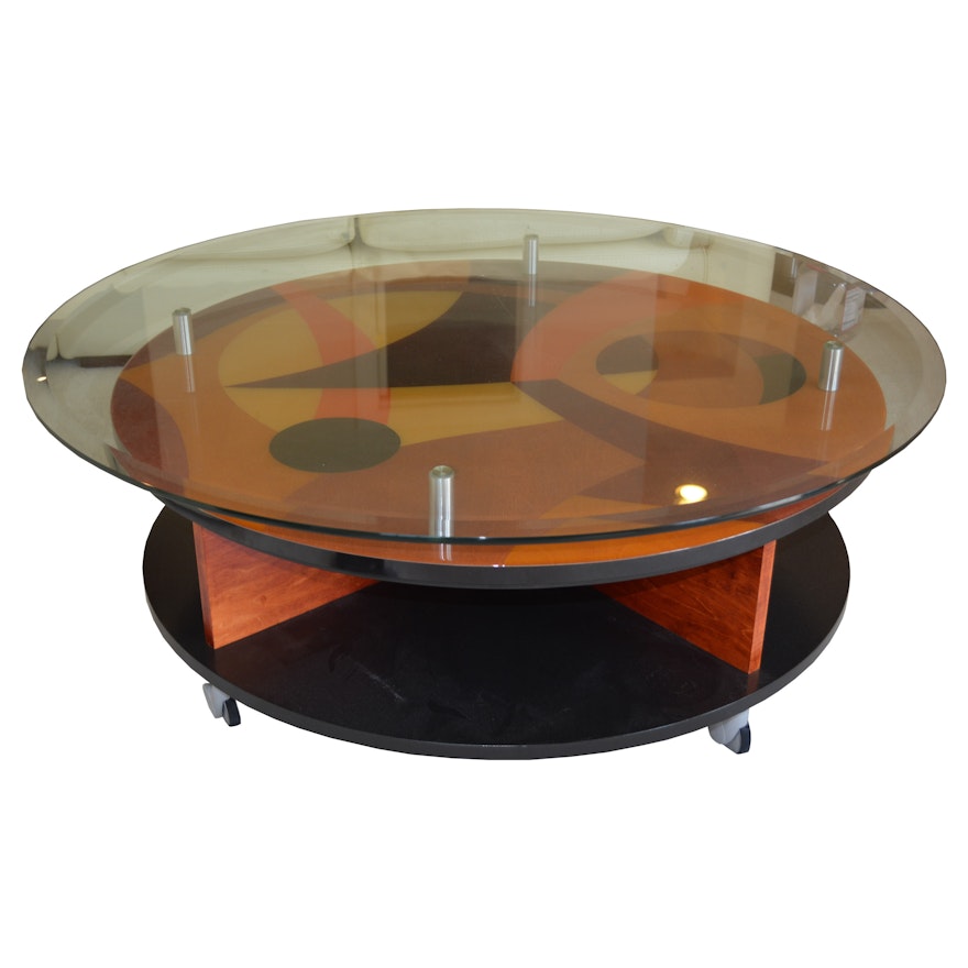 Modern Marquetry and Glass Coffee Table