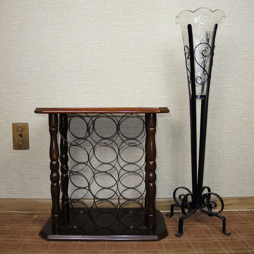 Wine Rack, Wrought Iron Stand with Glass Vase