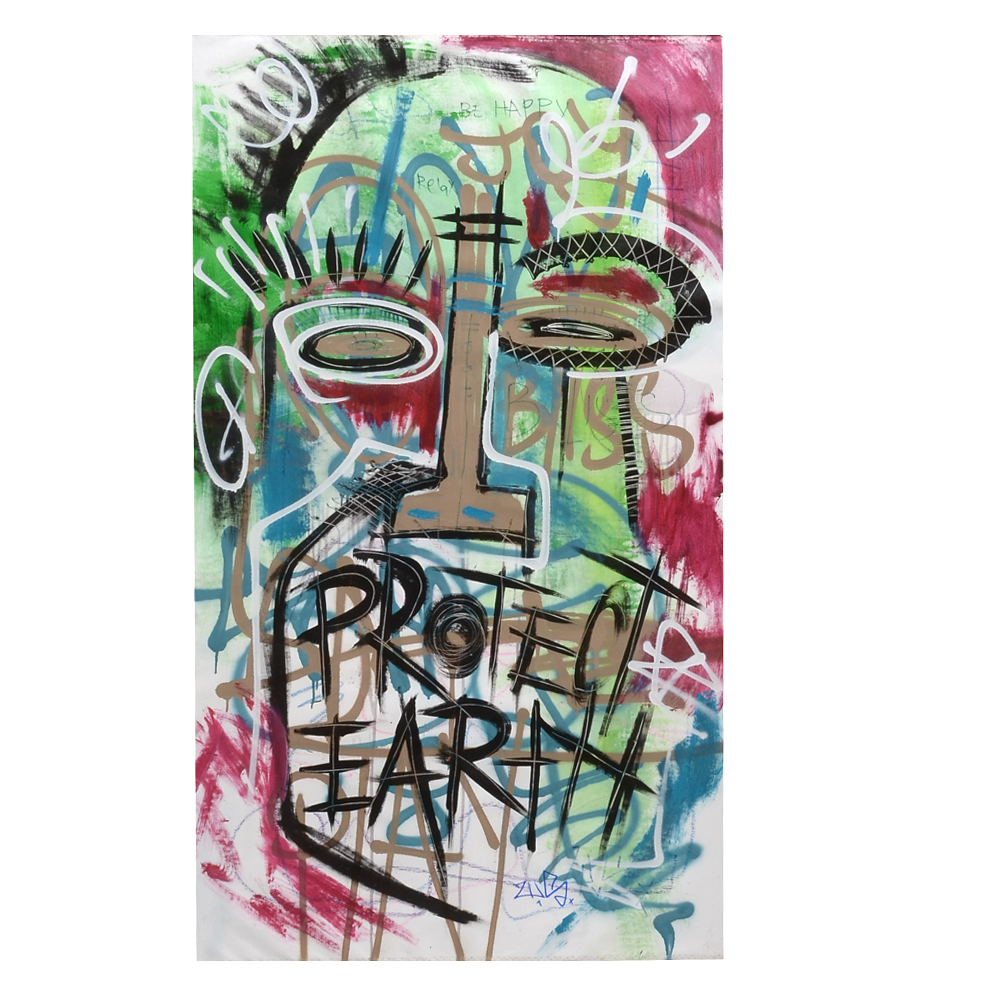 Wall Street Original Large-Scale 2017 Mixed Media Street Art on Unstretched Canvas "Protect Earth"