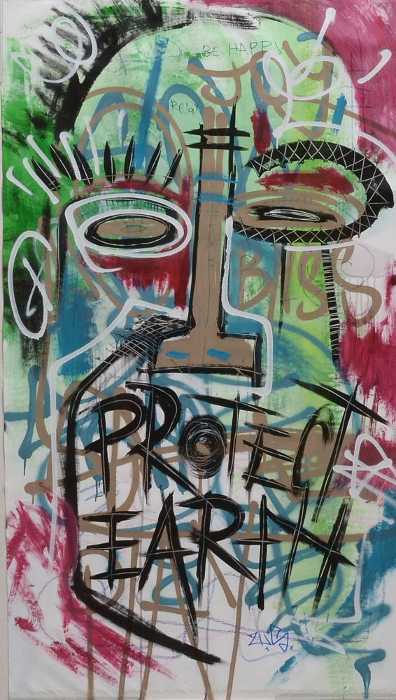 Wall Street Original Large-Scale 2017 Mixed Media Street Art on Unstretched Canvas "Protect Earth"