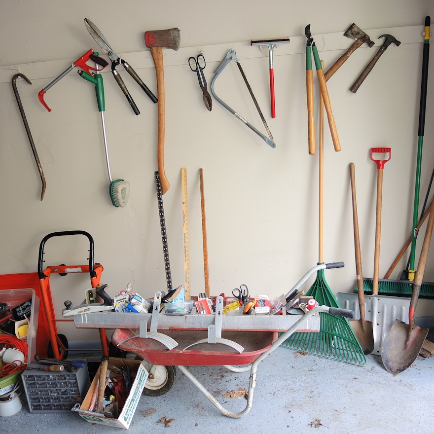 Yard and Garage Tools, Wheelbarrow, Small Parts Box and more