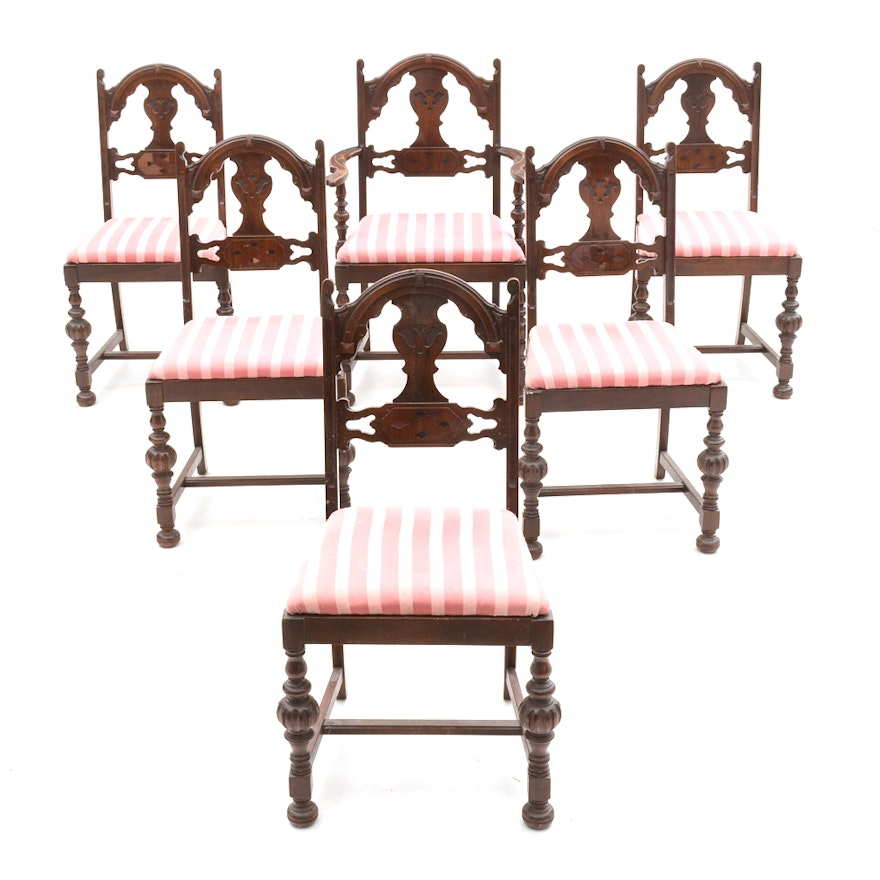 Six Vintage Jacobean Revival Walnut Dining Chairs