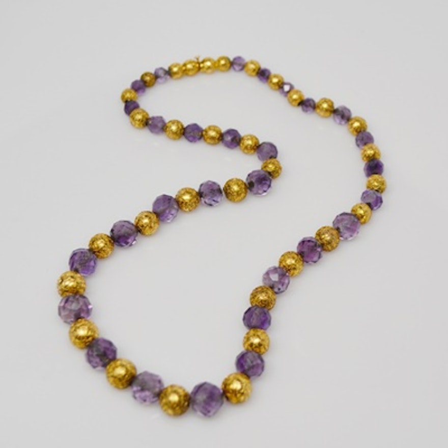 Revival Style 10K Yellow Gold Amethyst Bead Necklace