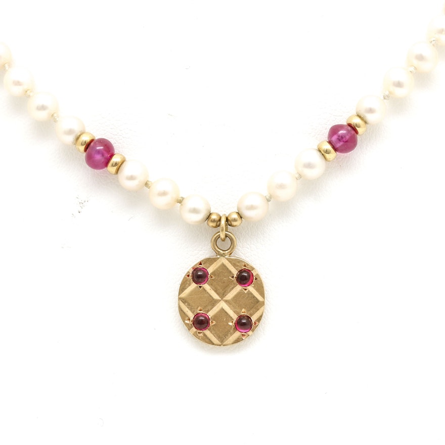 14K Yellow Gold Freshwater Pearl and Ruby Necklace