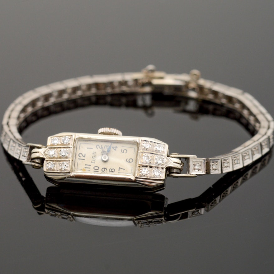 Women's 14K White Gold Diamond Elgin Watch