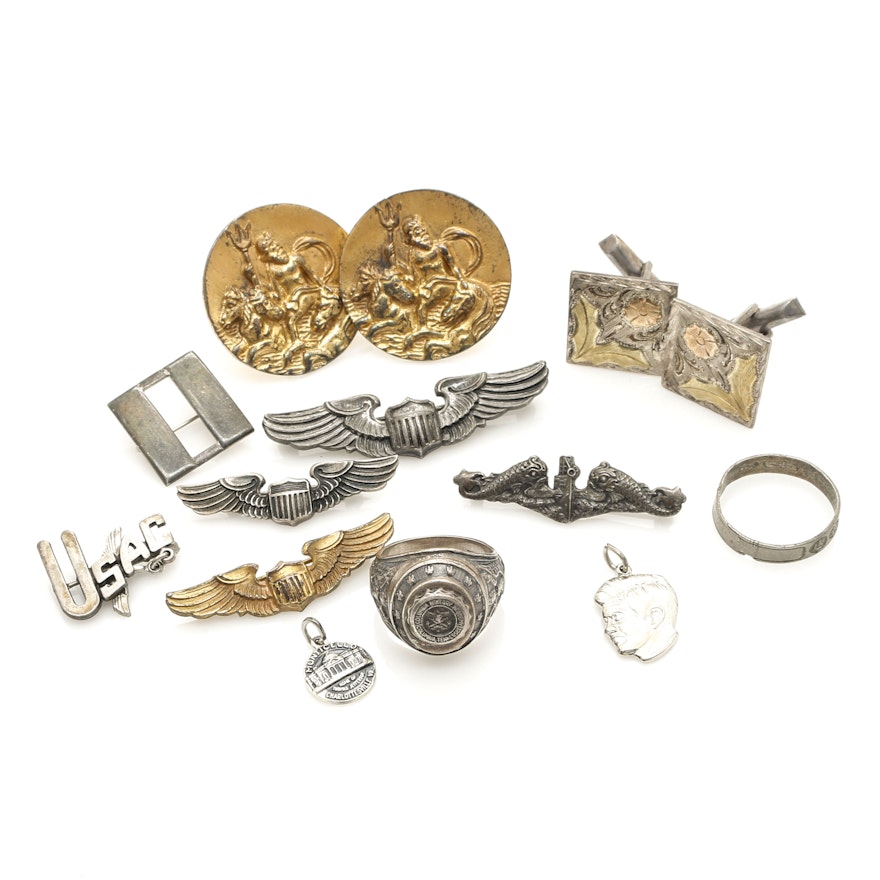 Sterling Silver Collection of Military Pins, Cufflinks and Rings