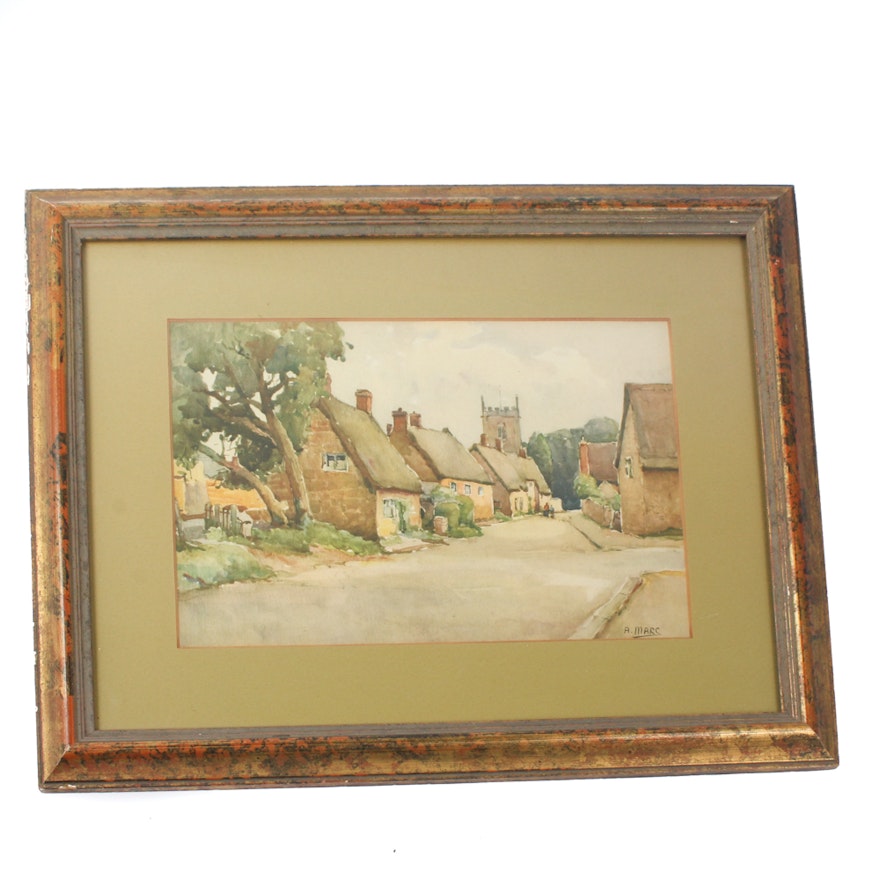 A. Marc Watercolor on Paper of an English Village