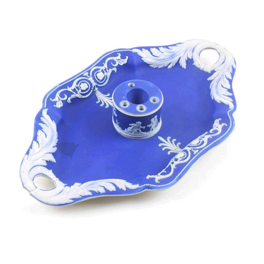 Wedgwood Cobalt Blue Jasperware Inkwell and Tray