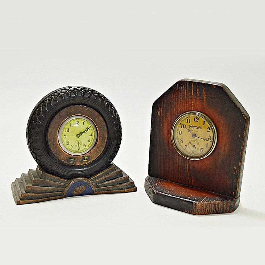 Two Vintage Auto Advertising Shelf Clocks