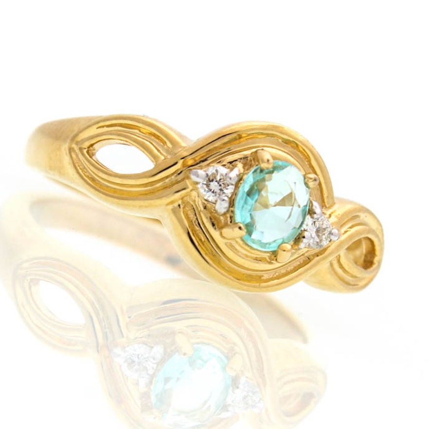 18K Yellow Gold Blue Topaz and Diamond Ring