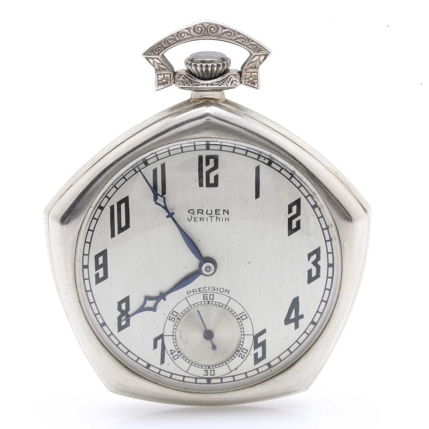 14K White Gold Gruen VeriThin Precision Pocket Watch