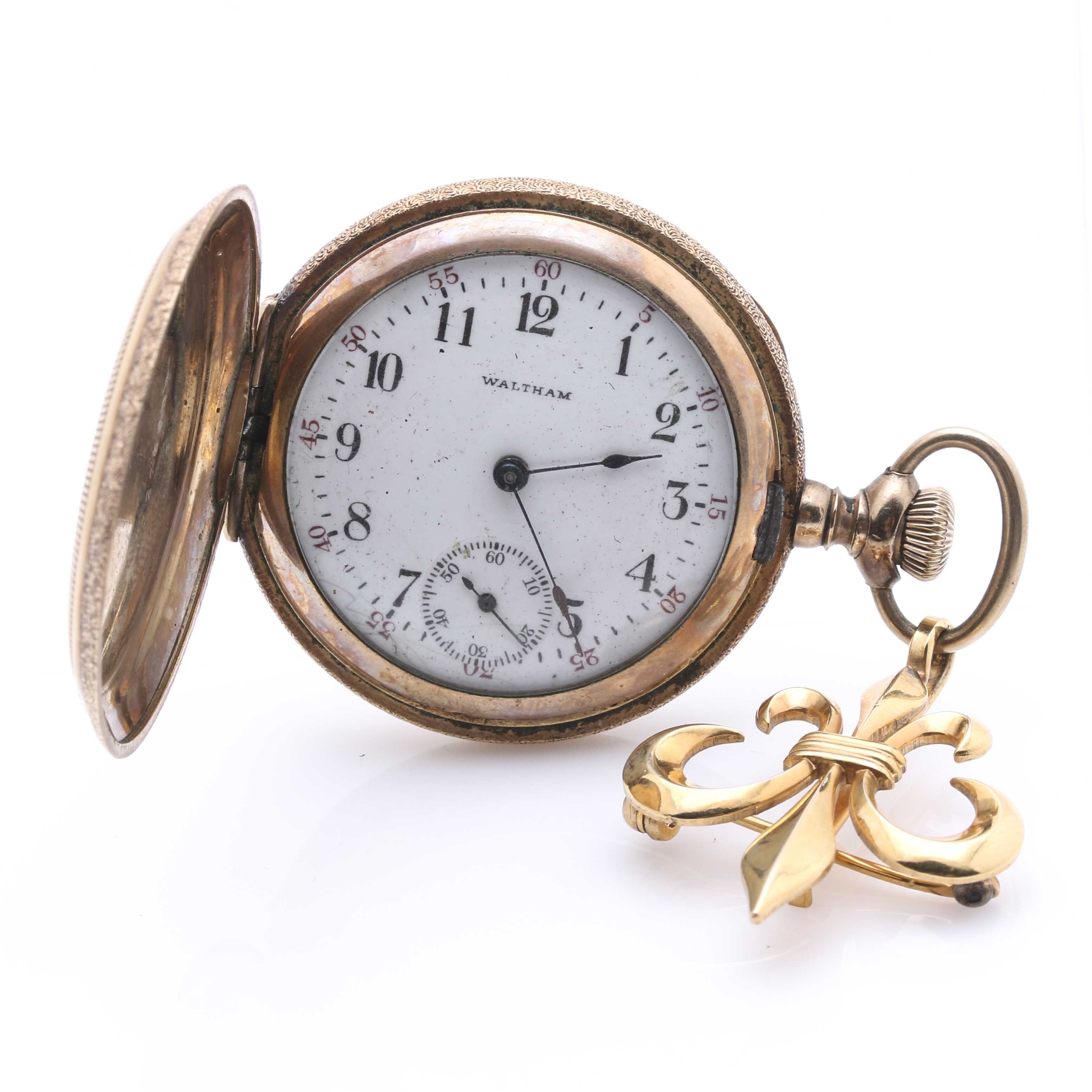 Antique Gold-Filled Waltham Pocket Watch With Gold-Filled Fleur de Lis Brooch