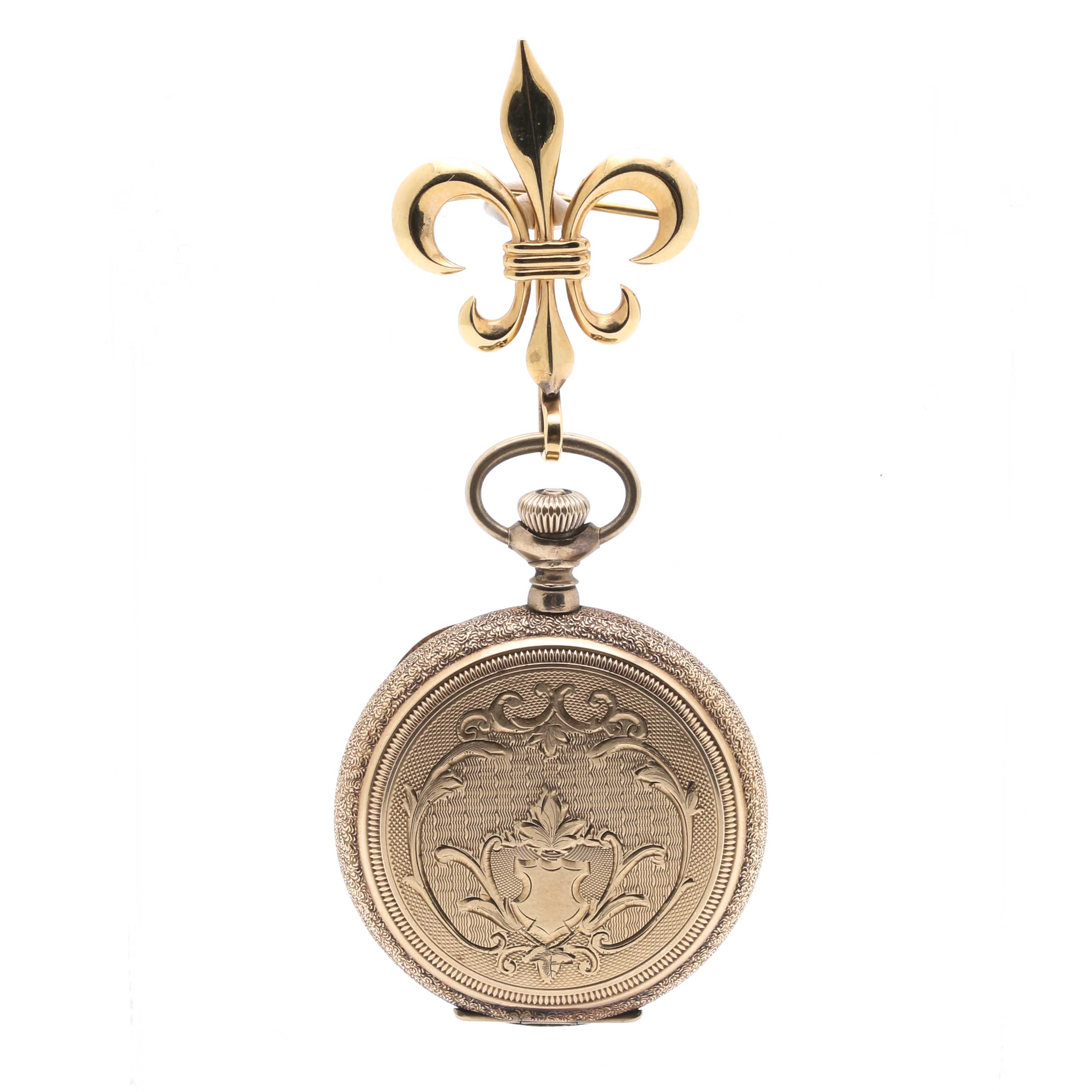 Antique Gold-Filled Waltham Pocket Watch With Gold-Filled Fleur de Lis Brooch
