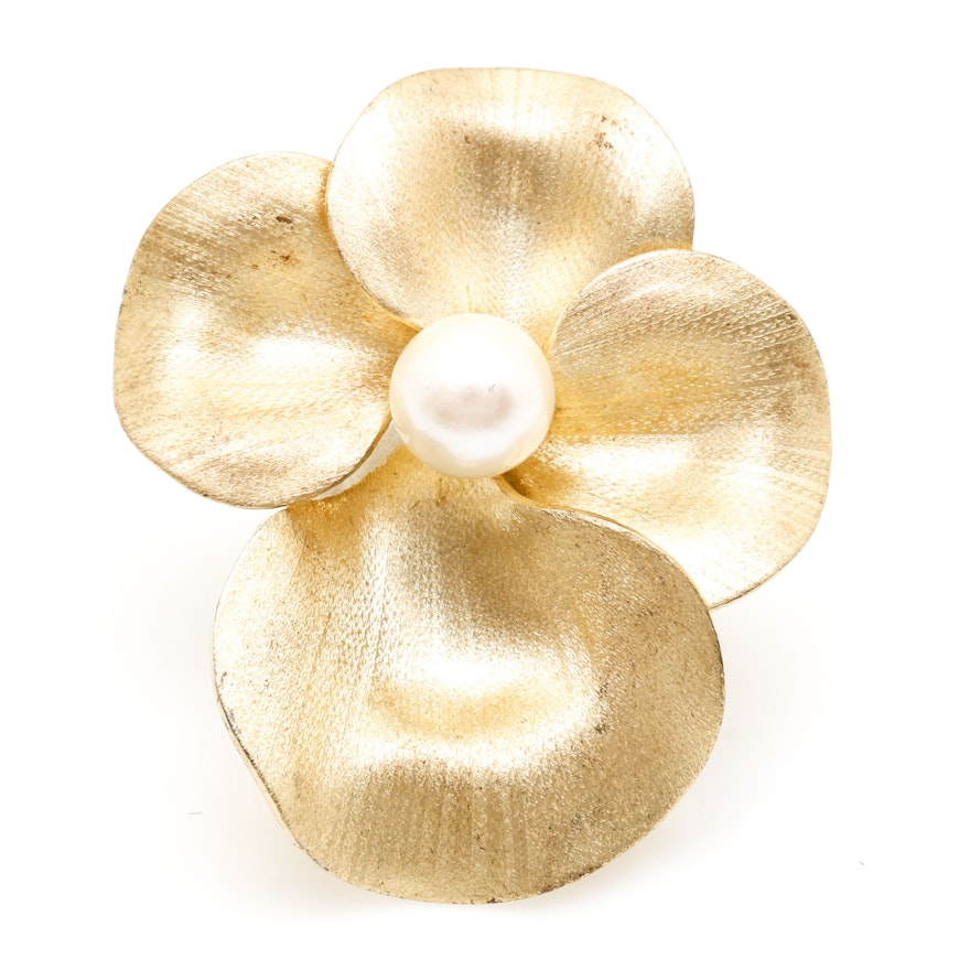 14K Yellow Gold and Pearl Floral Brooch