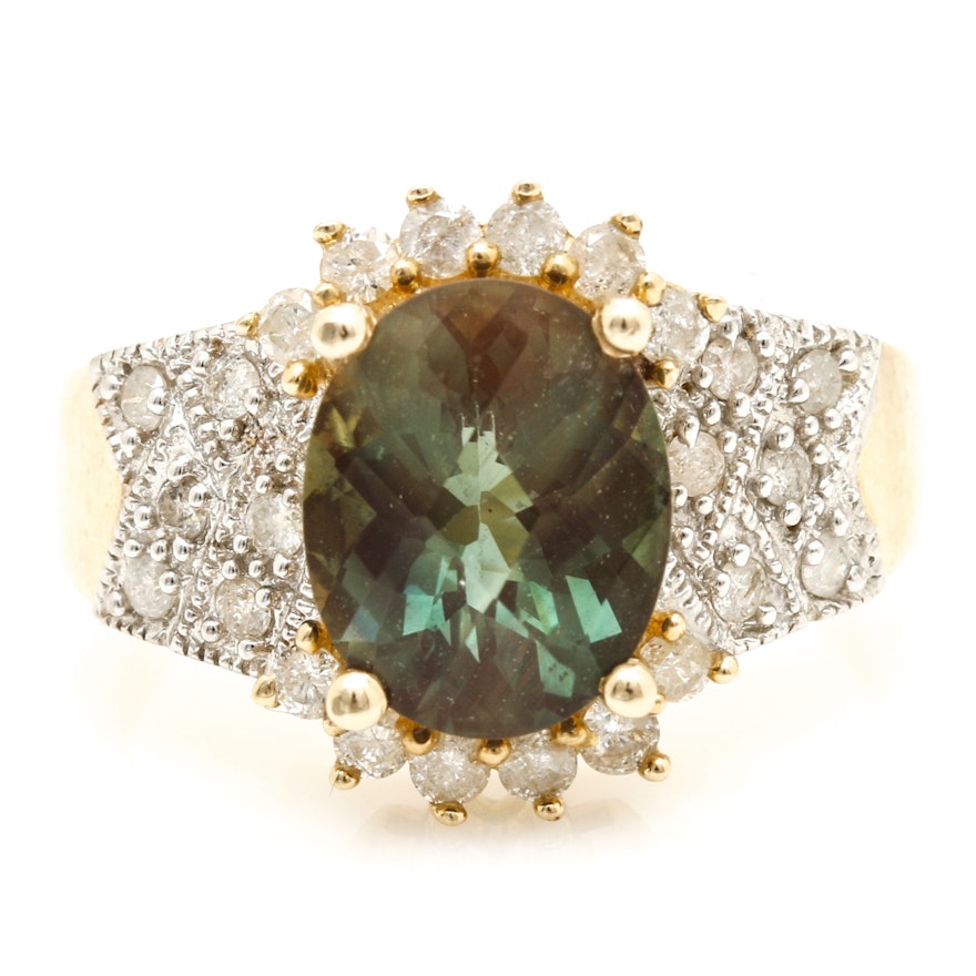 14K Yellow Gold Green Andesine and Diamond Ring