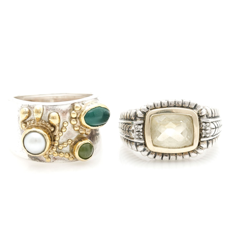 Sterling Silver Rings With Citrine, Green Chalcedony, Pearl and Nephrite