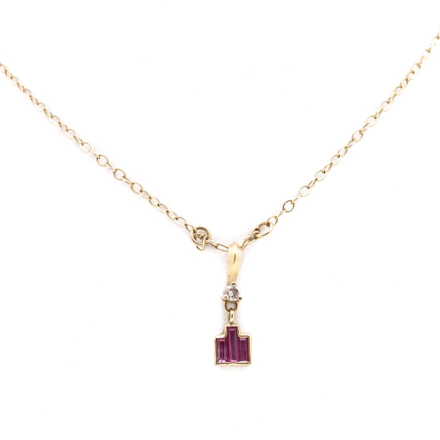 14K Yellow Gold Necklace With Ruby and Diamond Pendant