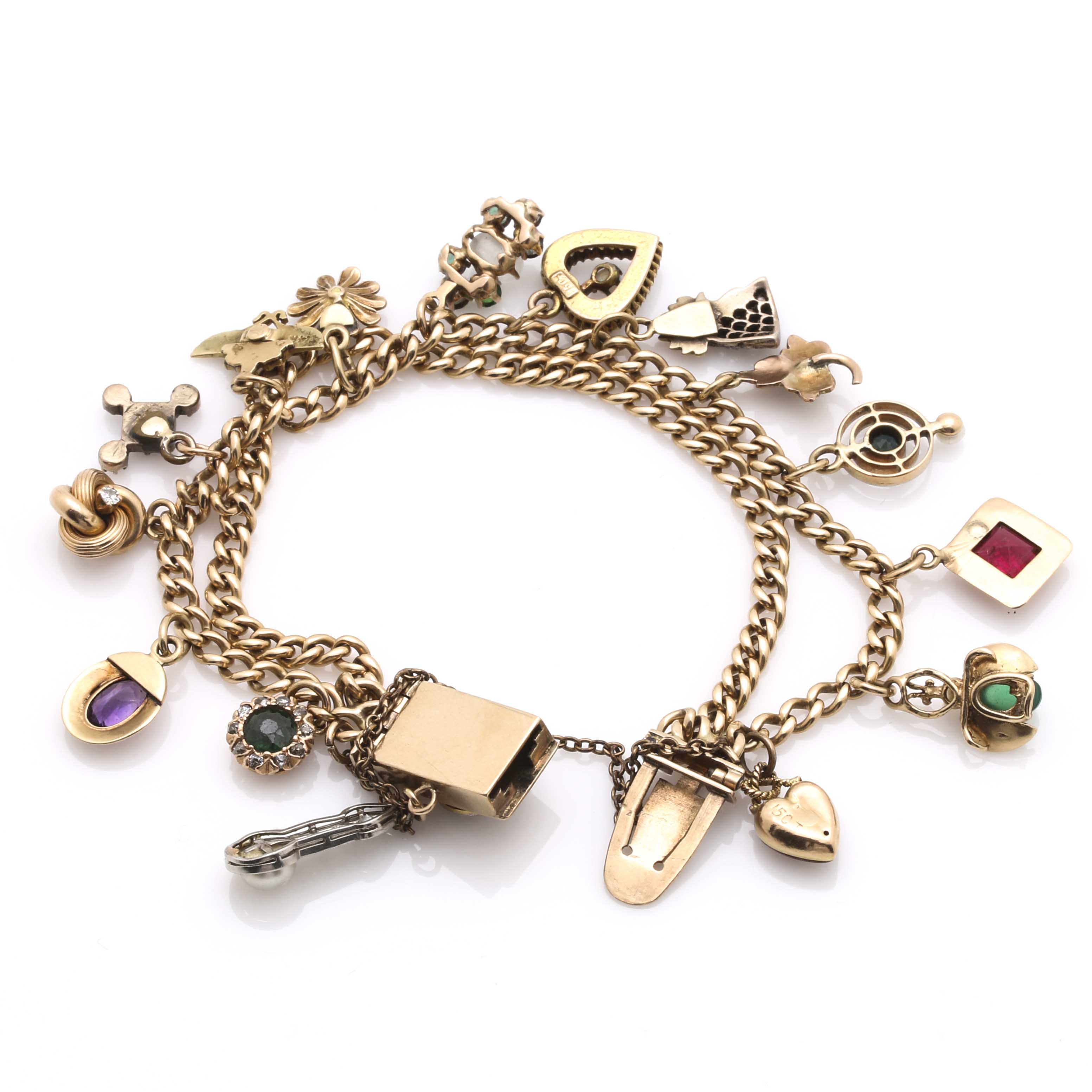 Yellow Gold Charm Bracelet Featuring Edwardian and Victorian Charms