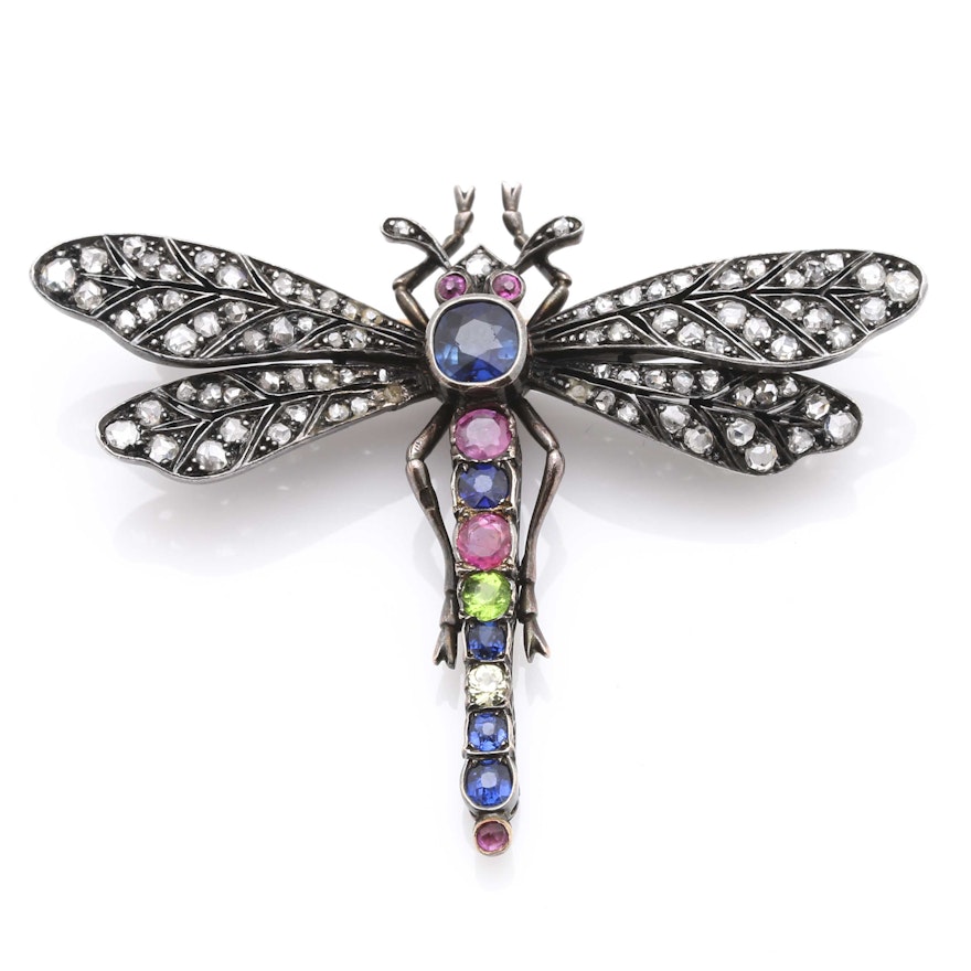 18K Yellow Gold and Sterling Silver Gemstone French Art Nouveau Style Dragonfly