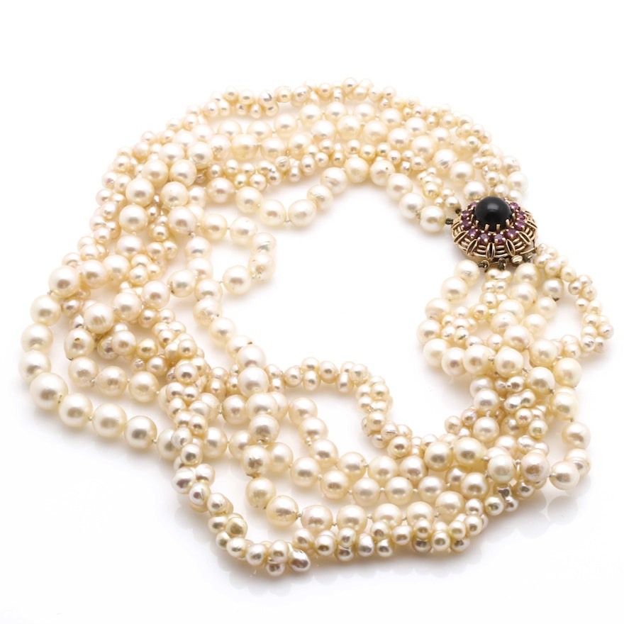 14K Yellow Gold Clasped Multiple Stranded Pearl Choker