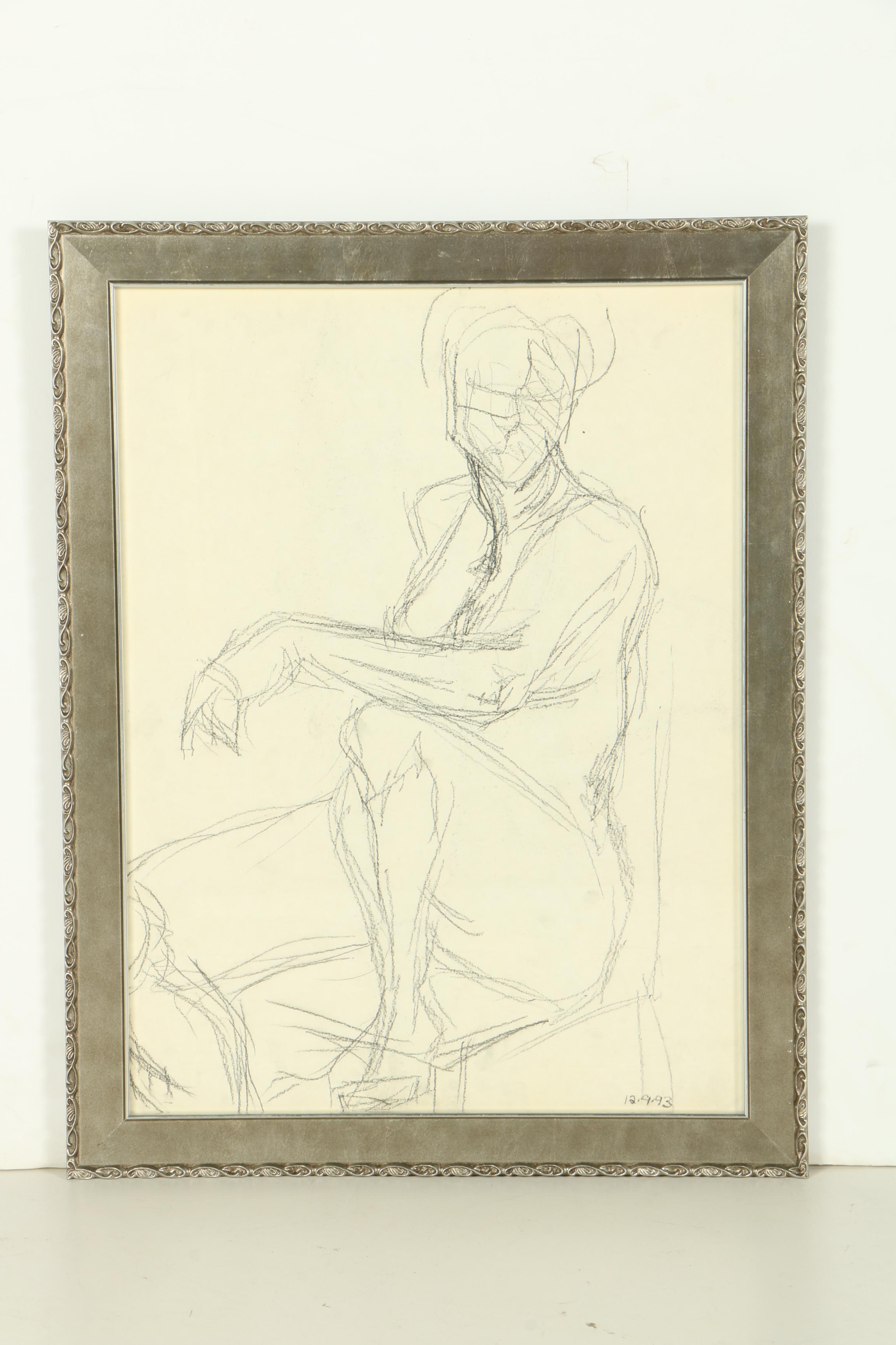 Framed Charcoal Drawing of a Seated Figure