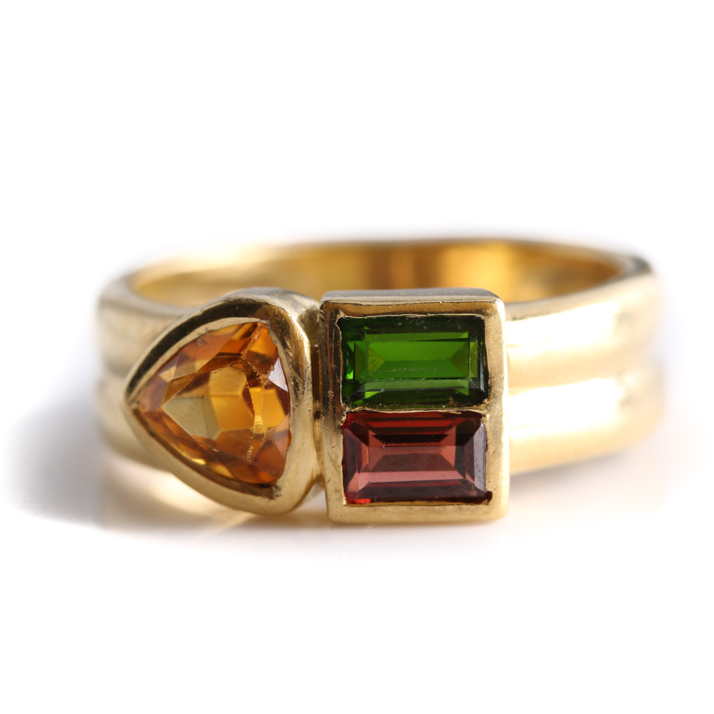 18K Yellow Gold Garnet, Diopside, and Citrine Ring