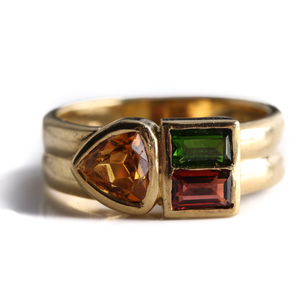 18K Yellow Gold Garnet, Diopside, and Citrine Ring