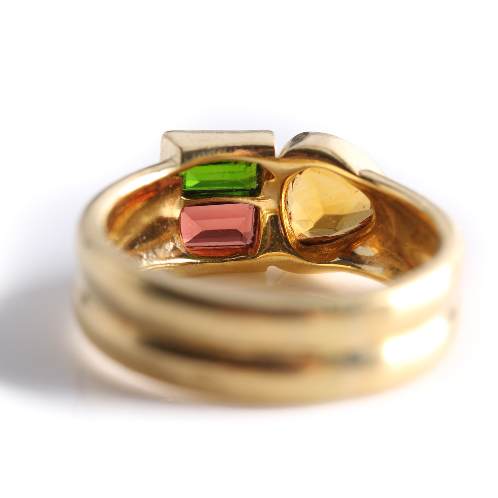 18K Yellow Gold Garnet, Diopside, and Citrine Ring