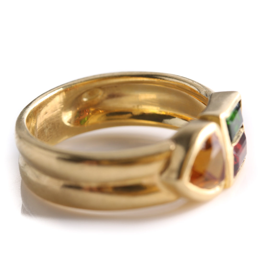 18K Yellow Gold Garnet, Diopside, and Citrine Ring