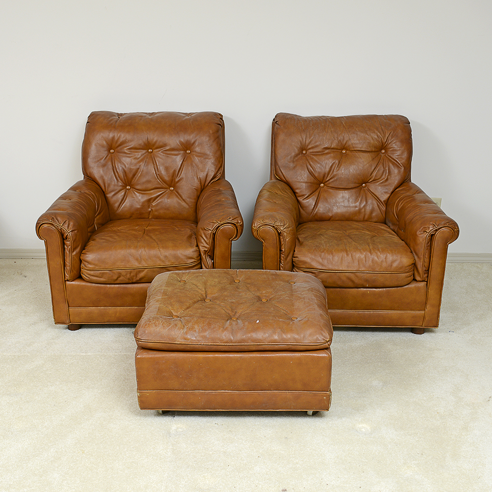 Two Vintage Drexel Heritage Leather Armchairs and Ottoman