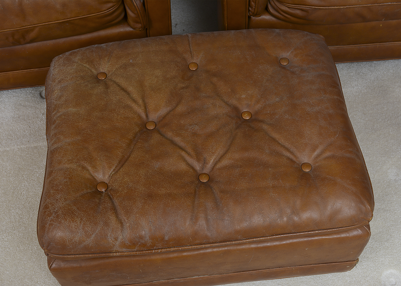 Two Vintage Drexel Heritage Leather Armchairs and Ottoman