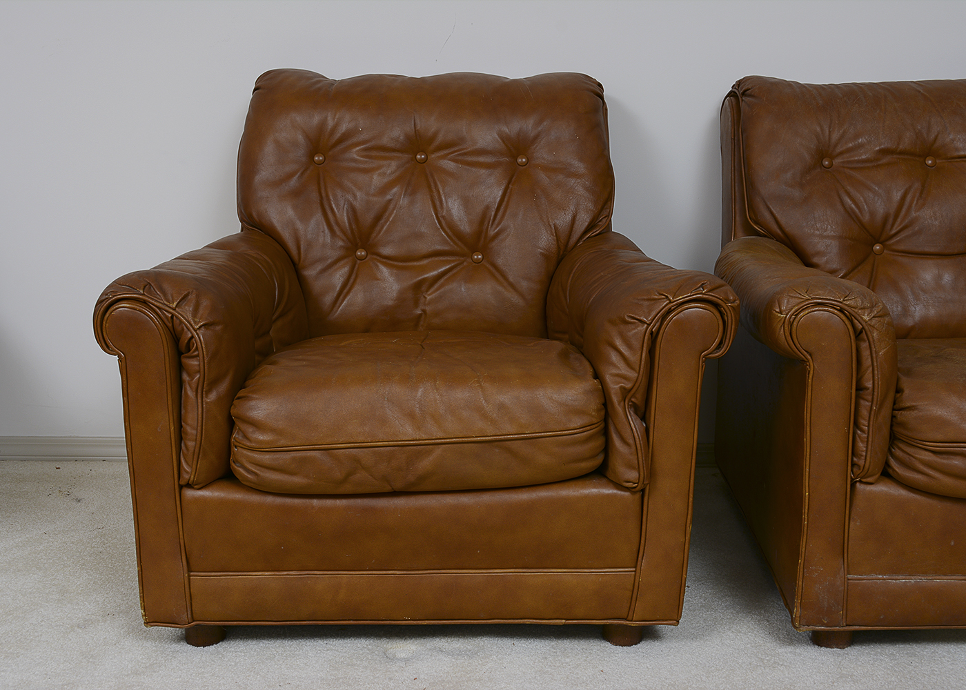 Two Vintage Drexel Heritage Leather Armchairs and Ottoman