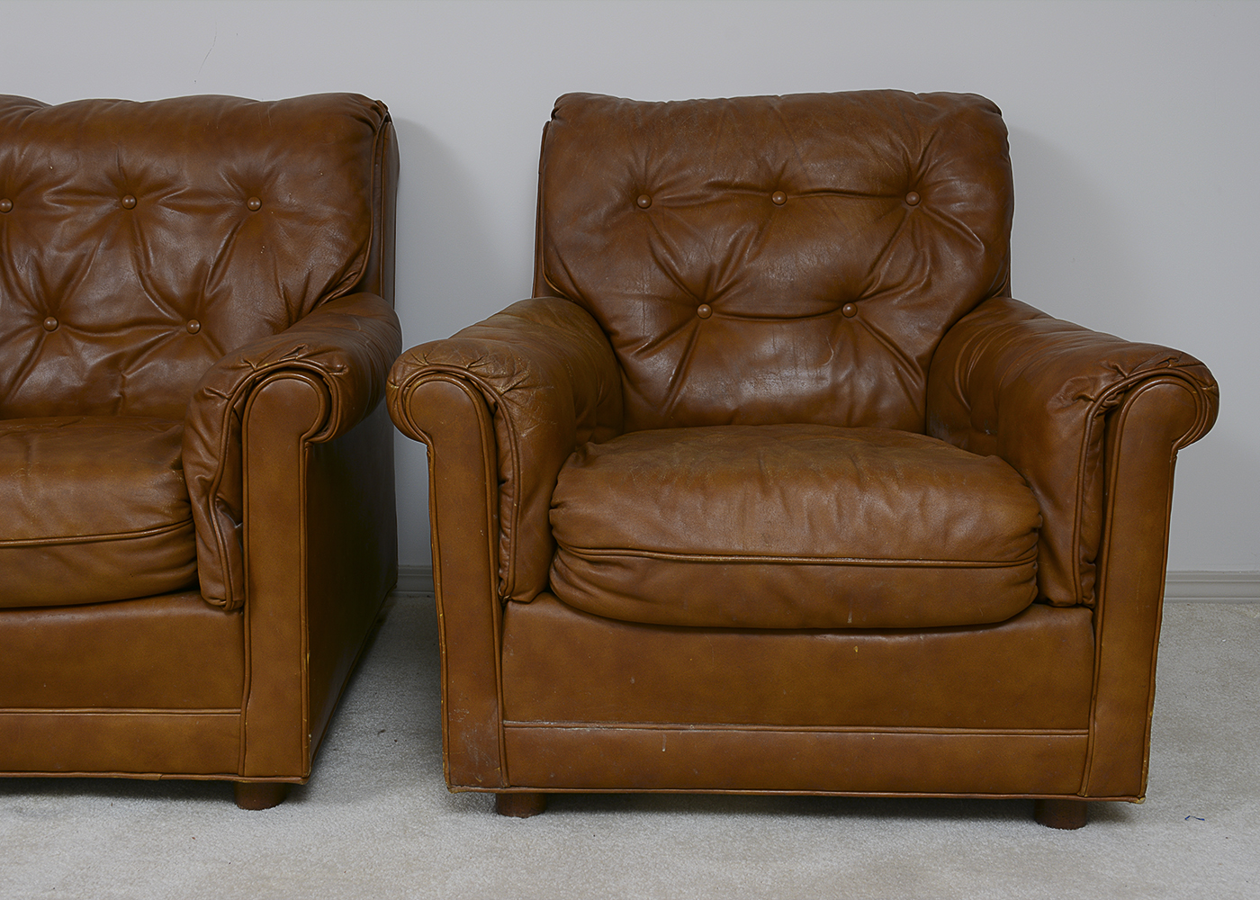 Two Vintage Drexel Heritage Leather Armchairs and Ottoman