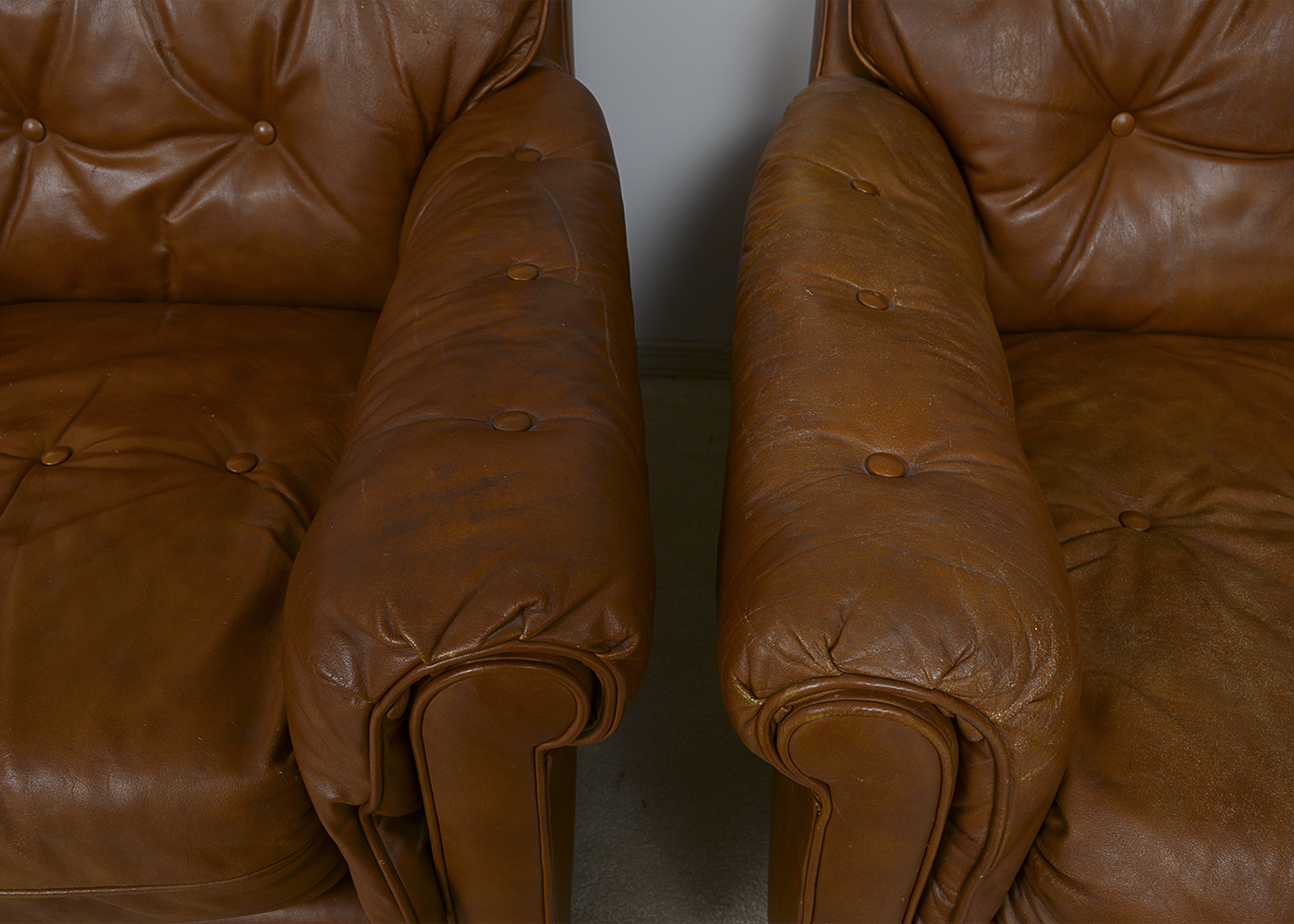 Two Vintage Drexel Heritage Leather Armchairs and Ottoman