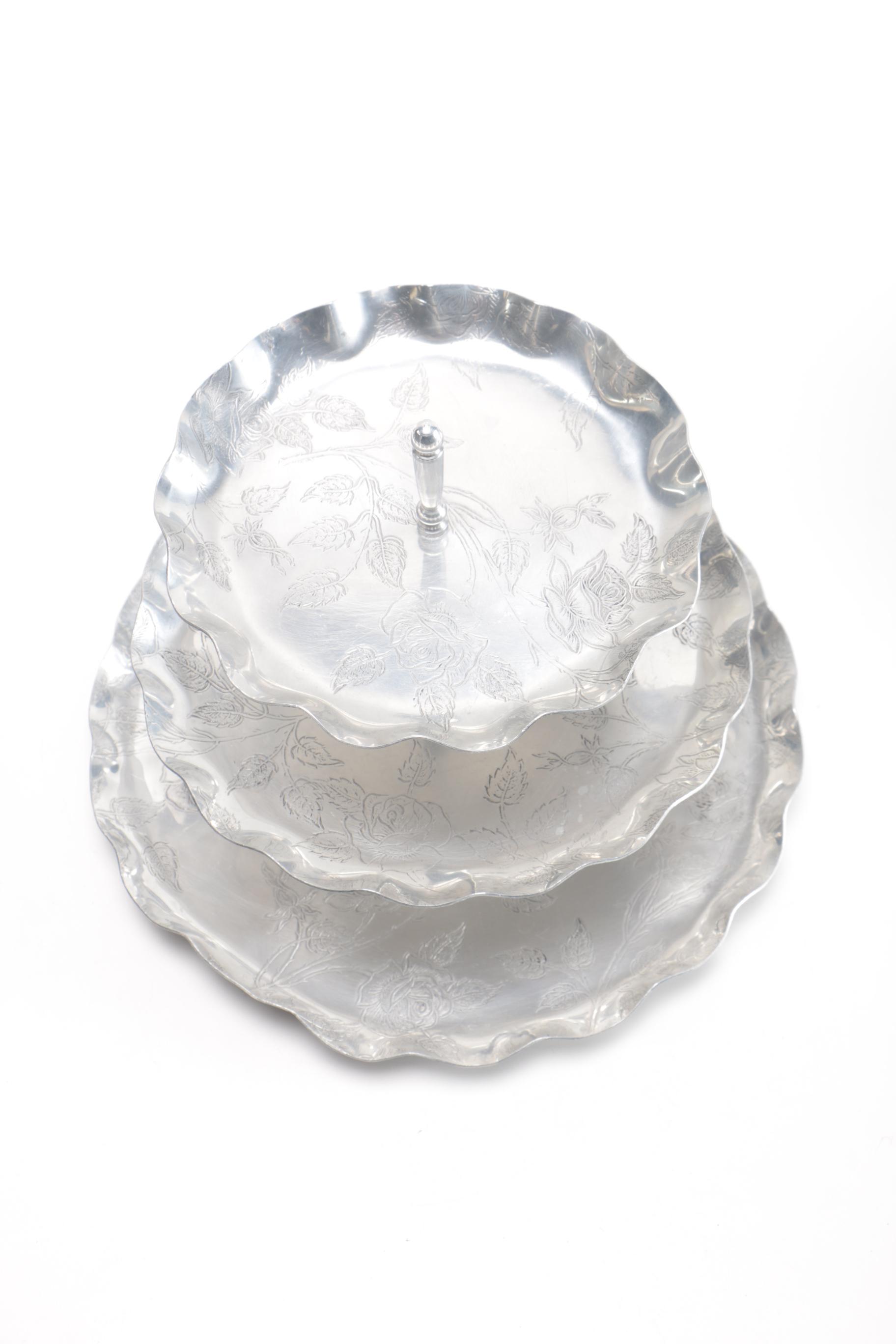 Royalty 1940s Aluminum Three Tiered Tray and Other Serving Pieces