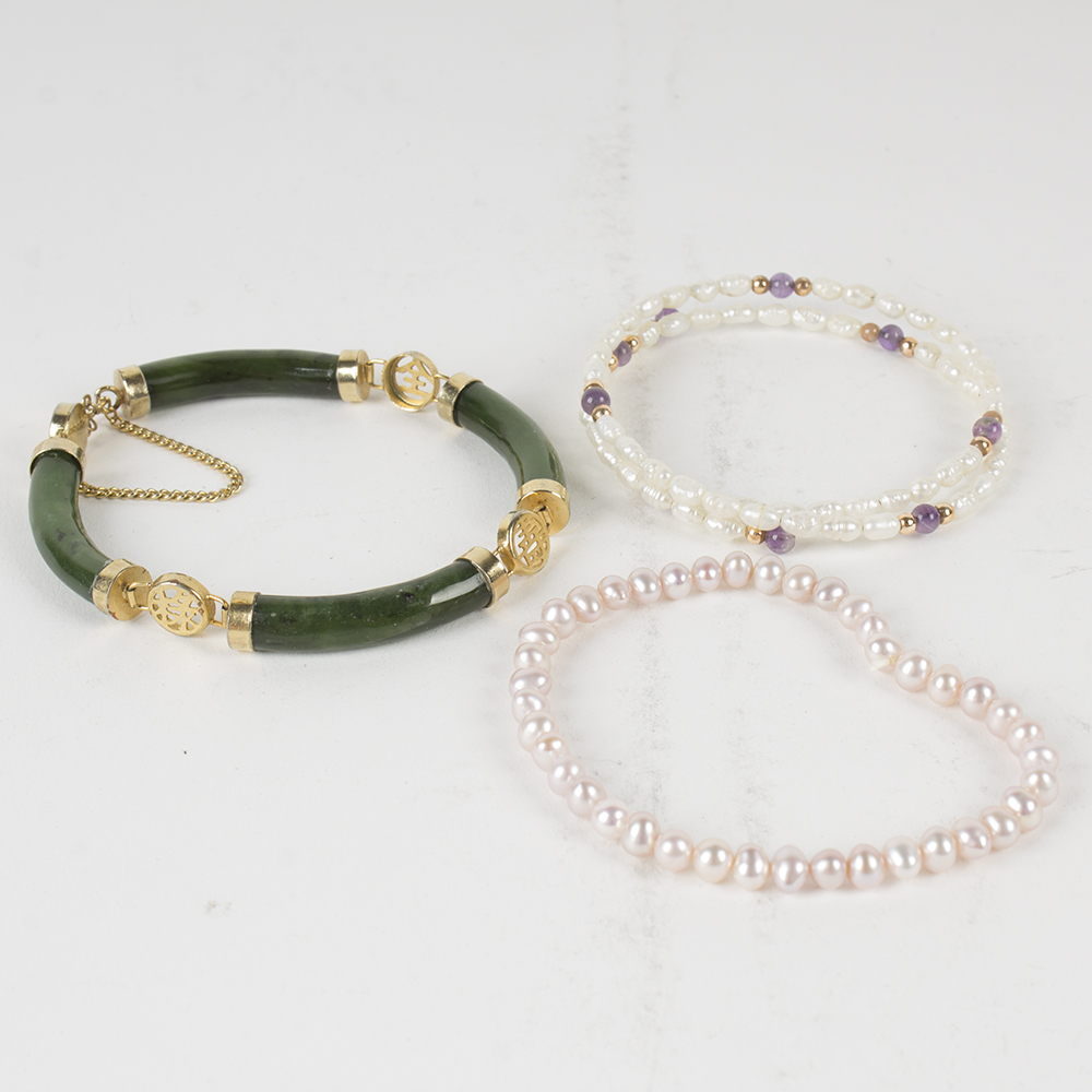 Three Bracelets Including Nephrite and Pearls