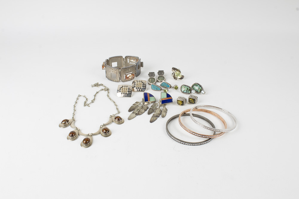 Collection of Sterling Jewelry Including Amber, Turquoise, and Lapis
