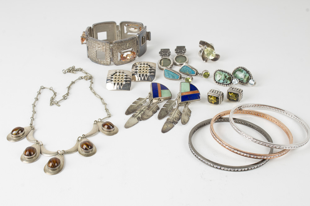 Collection of Sterling Jewelry Including Amber, Turquoise, and Lapis
