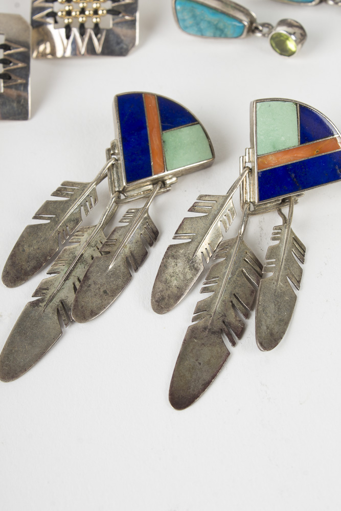 Collection of Sterling Jewelry Including Amber, Turquoise, and Lapis