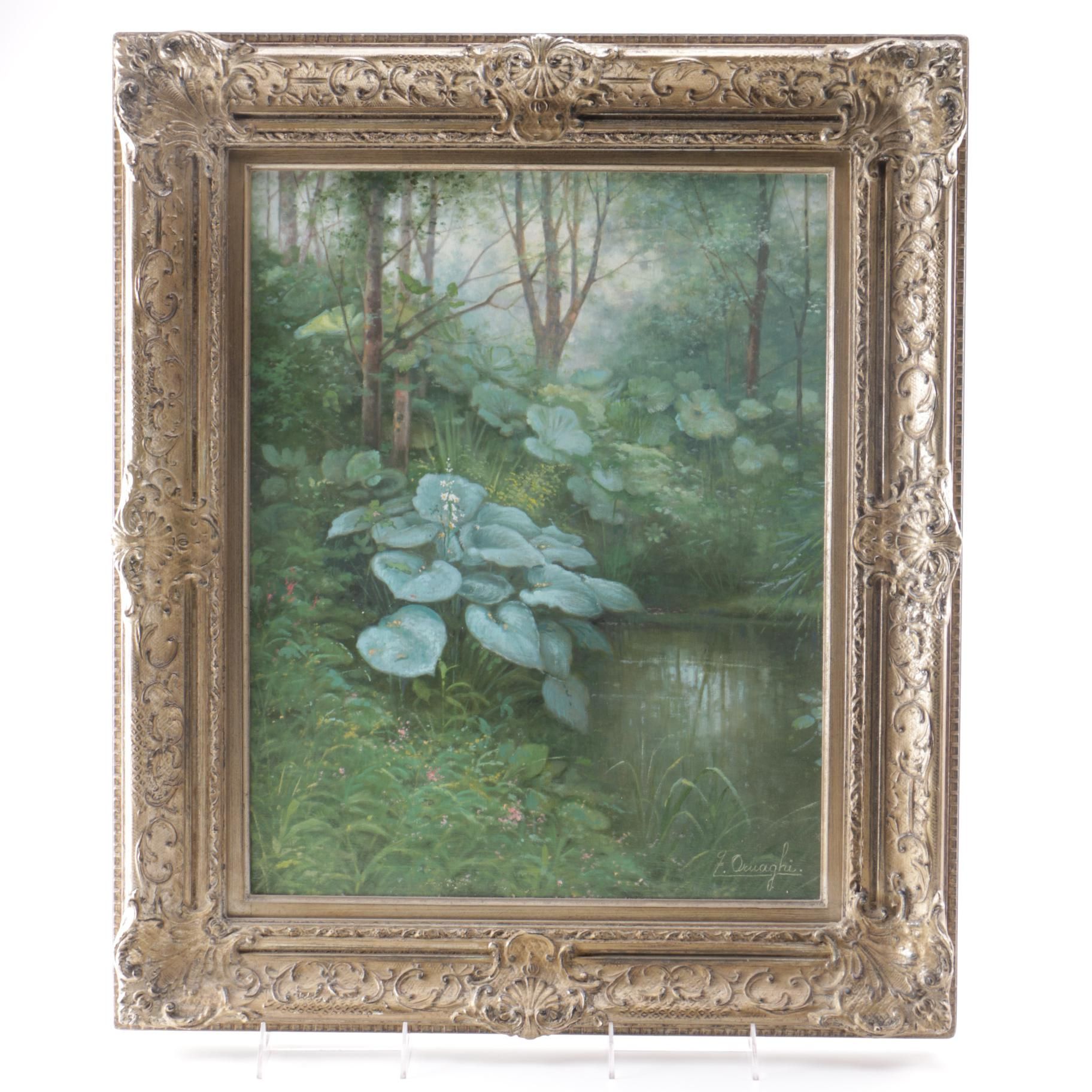 Fortunato Ornaghi Oil on Canvas "At the Pond"